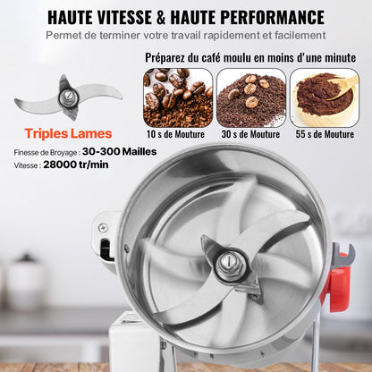 Elektrische Getreidemühle (1000 g), Hochgeschwindigkeits-Gewürzmühle (3000 W), Pulverisiermaschine aus Edelstahl für trockene Körner, Gewürze, Getreide, Kaffee, Mais, Pfeffer, Schwenkmechanismus