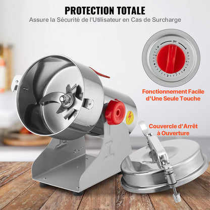 Elektrische Getreidemühle (1000 g), Hochgeschwindigkeits-Gewürzmühle (3000 W), Pulverisiermaschine aus Edelstahl für trockene Körner, Gewürze, Getreide, Kaffee, Mais, Pfeffer, Schwenkmechanismus