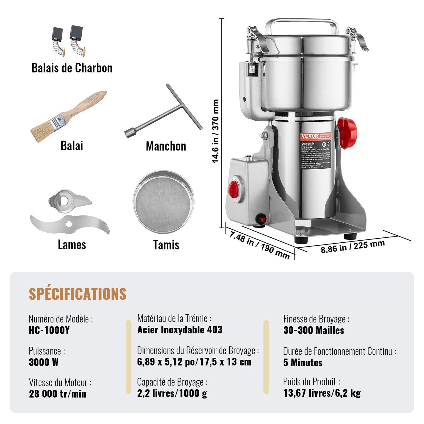 Elektrische Getreidemühle (1000 g), Hochgeschwindigkeits-Gewürzmühle (3000 W), Pulverisiermaschine aus Edelstahl für trockene Körner, Gewürze, Getreide, Kaffee, Mais, Pfeffer, Schwenkmechanismus