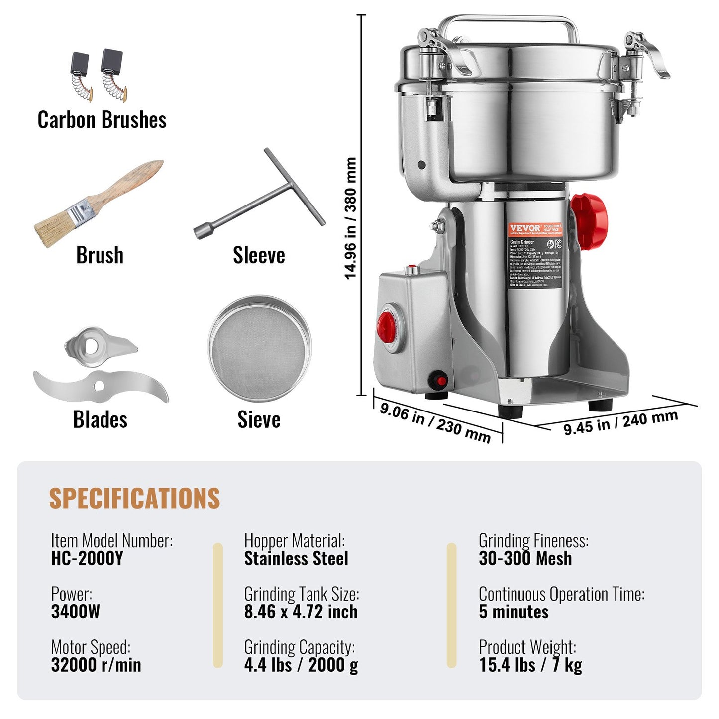 Elektrische Getreidemühle (2000 g), Hochgeschwindigkeits-Gewürzmühle (3400 W), Pulverisiermaschine aus Edelstahl für trockene Körner, Gewürze, Getreide, Kaffee, Mais, Pfeffer, Schwenkmechanismus