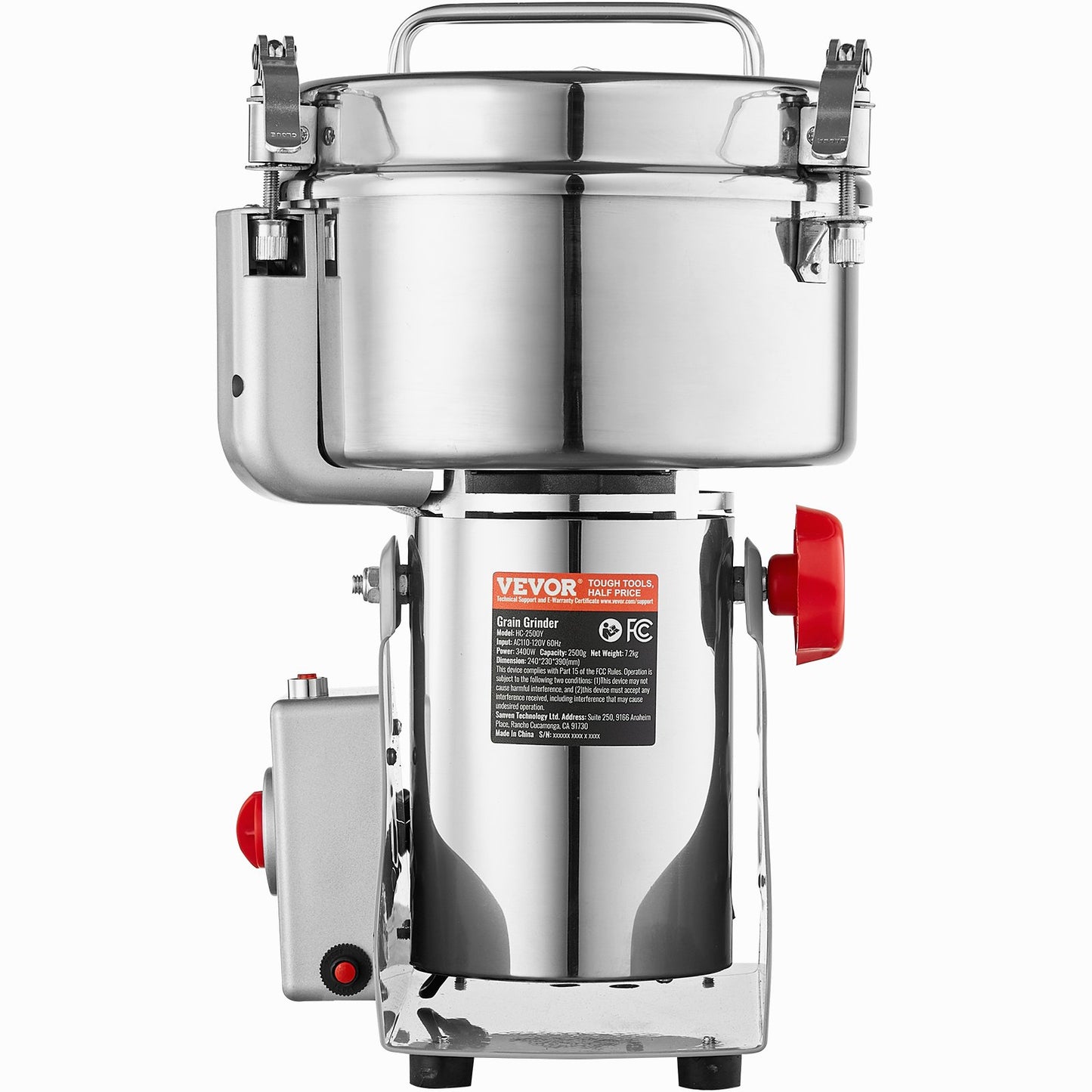 Elektrische Getreidemühle (2500 g), Hochgeschwindigkeits-Gewürzmühle (3400 W), Pulverisiermaschine aus Edelstahl für trockene Körner, Gewürze, Getreide, Kaffee, Mais, Pfeffer, Schwenkmechanismus