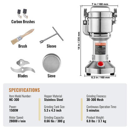 Elektrische Getreidemühle (300 g), Hochleistungs-Gewürzmühle (1500 W), Pulverisiermaschine aus Edelstahl für trockene Körner, Gewürze, Getreide, Kaffee, Mais, Pfeffer, gerade Ausführung