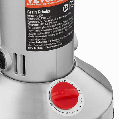 Elektrische Getreidemühle (300 g), Hochleistungs-Gewürzmühle (1500 W), Pulverisiermaschine aus Edelstahl für trockene Körner, Gewürze, Getreide, Kaffee, Mais, Pfeffer, gerade Ausführung