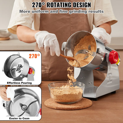 Elektrische Getreidemühle (500 g), Hochleistungs-Gewürzmühle (2000 W), Pulverisiermaschine aus Edelstahl für trockene Körner, Gewürze, Getreide, Kaffee, Mais, Pfeffer, Schwenkmechanismus