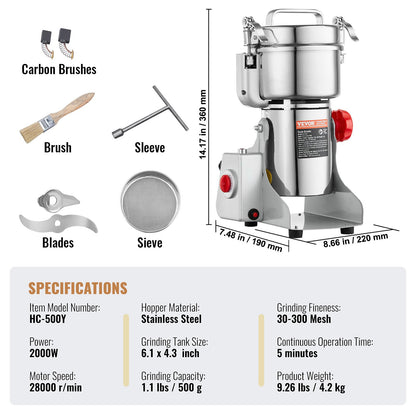 Elektrische Getreidemühle (500 g), Hochleistungs-Gewürzmühle (2000 W), Pulverisiermaschine aus Edelstahl für trockene Körner, Gewürze, Getreide, Kaffee, Mais, Pfeffer, Schwenkmechanismus