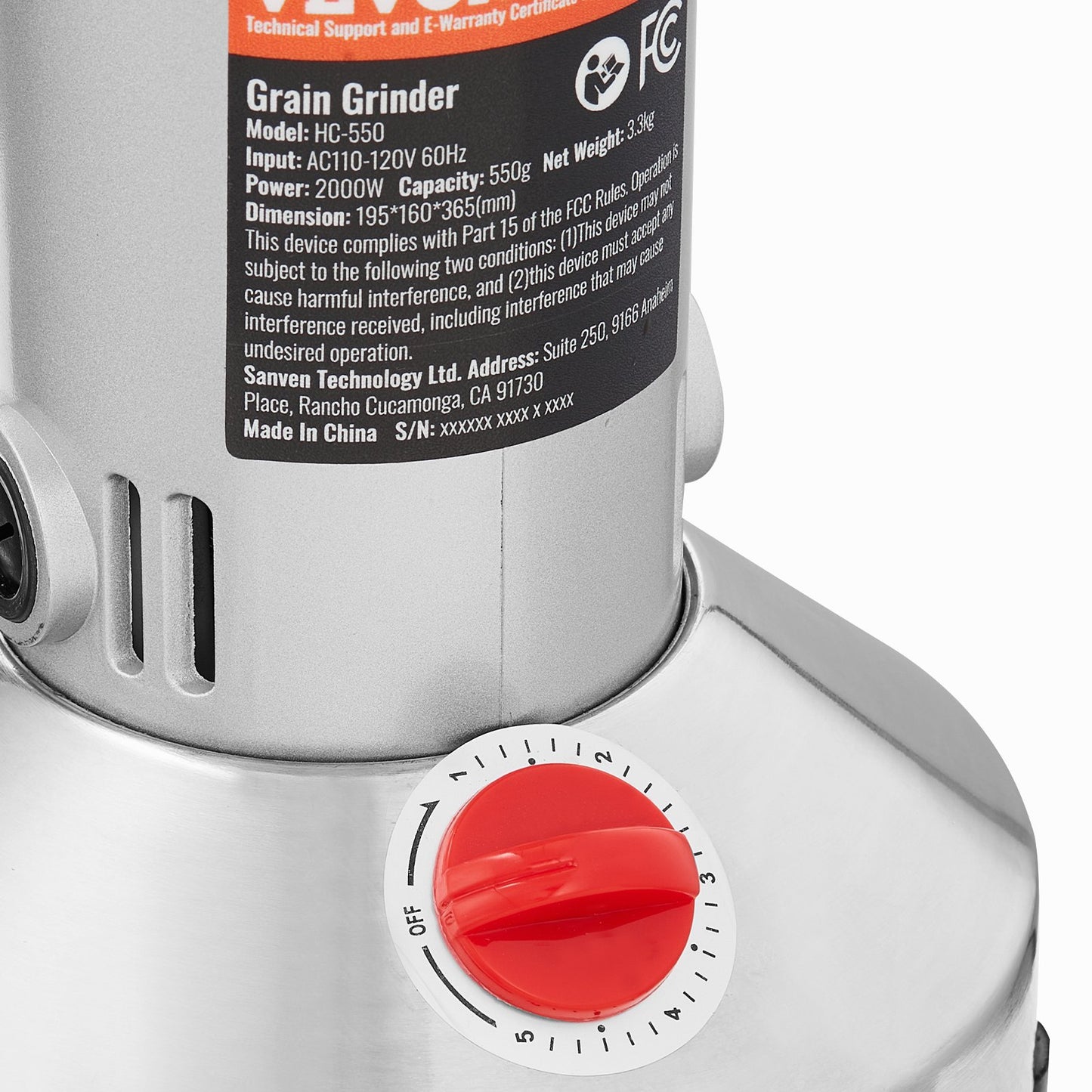 Elektrische Getreidemühle (550 g), Hochleistungs-Gewürzmühle (2000 W), Pulverisiermaschine aus Edelstahl für trockene Körner, Gewürze, Getreide, Kaffee, Mais, Pfeffer, gerade Ausführung