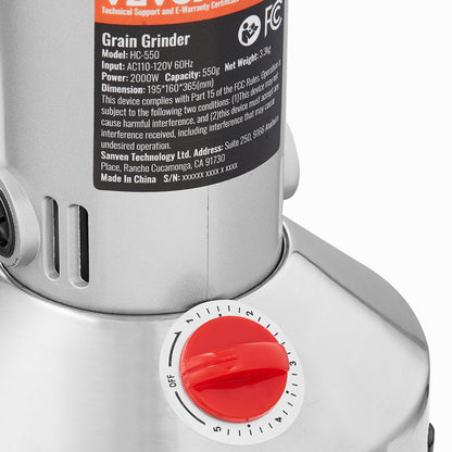 Elektrische Getreidemühle (550 g), Hochleistungs-Gewürzmühle (2000 W), Pulverisiermaschine aus Edelstahl für trockene Körner, Gewürze, Getreide, Kaffee, Mais, Pfeffer, gerade Ausführung