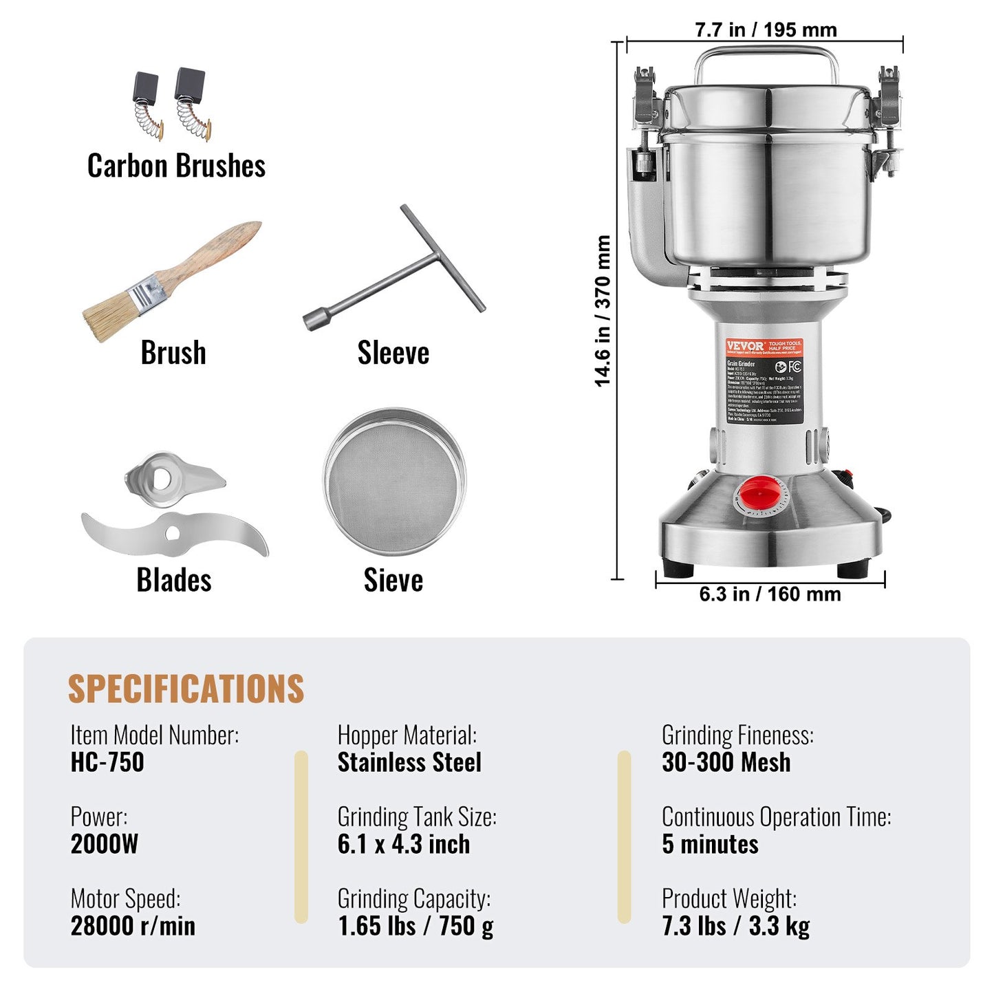 Elektrische Getreidemühle (750 g), Hochleistungs-Gewürzmühle (2000 W), Pulverisiermaschine aus Edelstahl für trockene Körner, Gewürze, Getreide, Kaffee, Mais, Pfeffer, gerade Ausführung