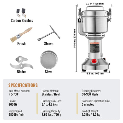 Elektrische Getreidemühle (750 g), Hochleistungs-Gewürzmühle (2000 W), Pulverisiermaschine aus Edelstahl für trockene Körner, Gewürze, Getreide, Kaffee, Mais, Pfeffer, gerade Ausführung