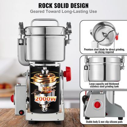 Elektrische Getreidemühle (750 g), Hochleistungs-Gewürzmühle (2000 W), Pulverisiermaschine aus Edelstahl für trockene Körner, Gewürze, Getreide, Kaffee, Mais, Pfeffer, Schwenkmechanismus