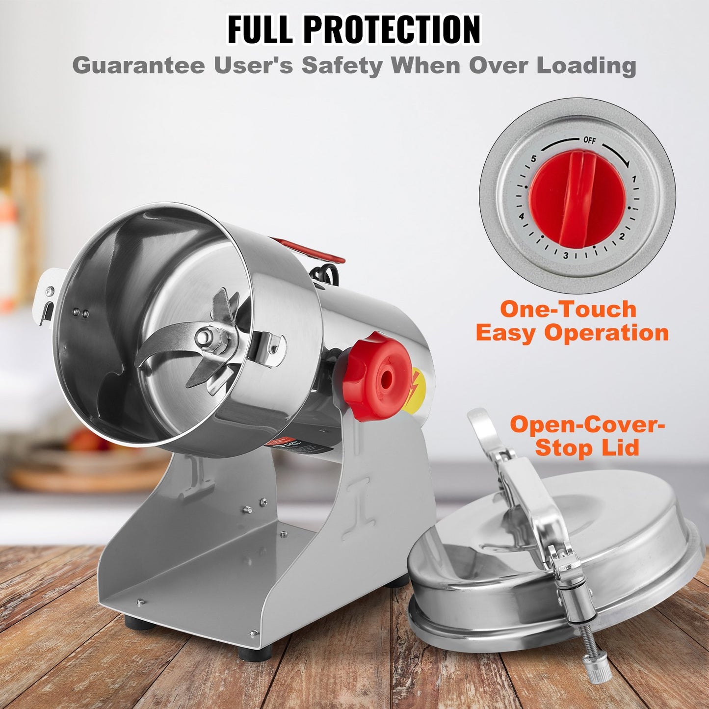 Elektrische Getreidemühle (750 g), Hochleistungs-Gewürzmühle (2000 W), Pulverisiermaschine aus Edelstahl für trockene Körner, Gewürze, Getreide, Kaffee, Mais, Pfeffer, Schwenkmechanismus