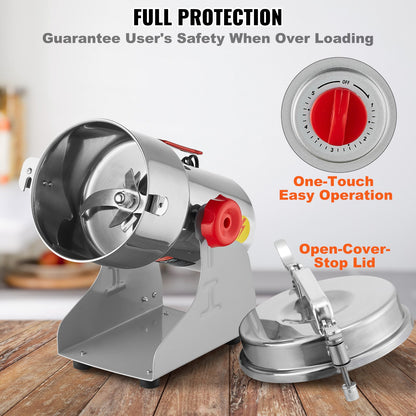 Elektrische Getreidemühle (750 g), Hochleistungs-Gewürzmühle (2000 W), Pulverisiermaschine aus Edelstahl für trockene Körner, Gewürze, Getreide, Kaffee, Mais, Pfeffer, Schwenkmechanismus