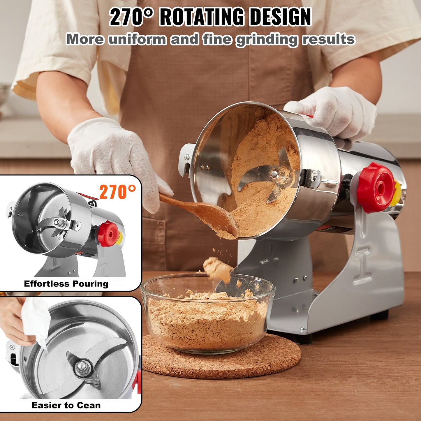 Elektrische Getreidemühle (750 g), Hochleistungs-Gewürzmühle (2000 W), Pulverisiermaschine aus Edelstahl für trockene Körner, Gewürze, Getreide, Kaffee, Mais, Pfeffer, Schwenkmechanismus