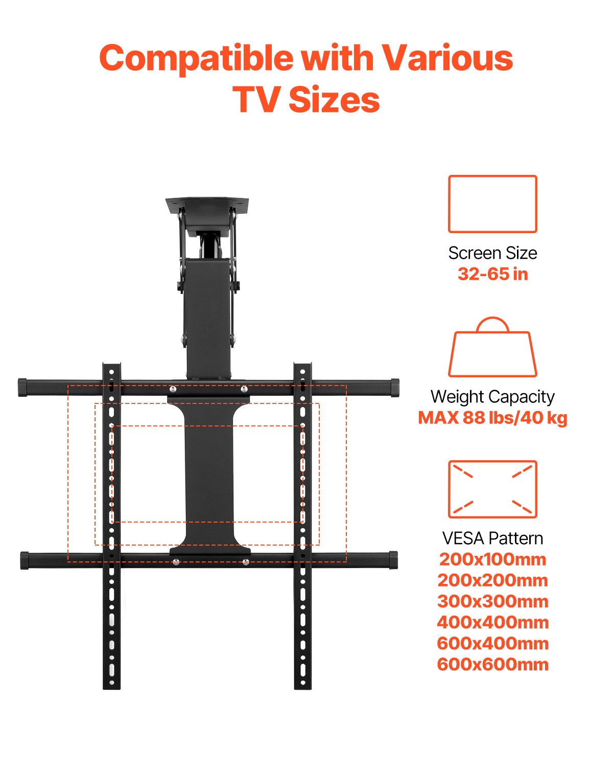 Motorized Ceiling TV Mount, TV Wall Mount for 32 to 65 Inch TV, Electric Adjustable Ceiling TV Mount, Motorized Flip Down TV Mount Bracket with Max VESA 24 x 24 in, Fits TVs Up to 88 lbs