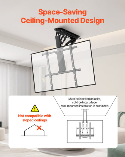 Motorized Ceiling TV Mount, TV Wall Mount for 32 to 65 Inch TV, Electric Adjustable Ceiling TV Mount, Motorized Flip Down TV Mount Bracket with Max VESA 24 x 24 in, Fits TVs Up to 88 lbs