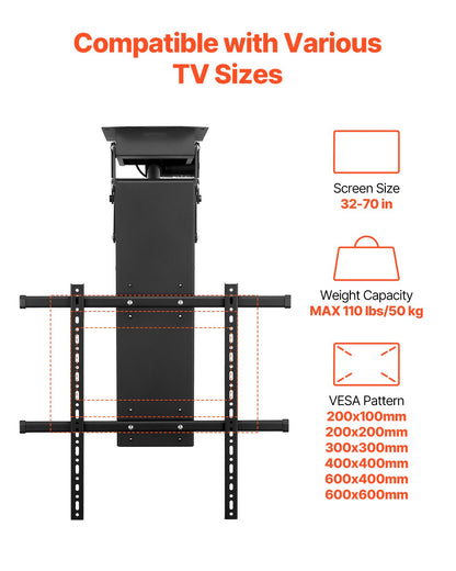 Motorized Ceiling TV Mount, TV Wall Mount for 32 to 70 Inch TV, Electric Adjustable Ceiling TV Mount, Motorized Flip Down TV Mount Bracket with Max VESA 24 x 24 in, Fits TVs Up to 110 lbs