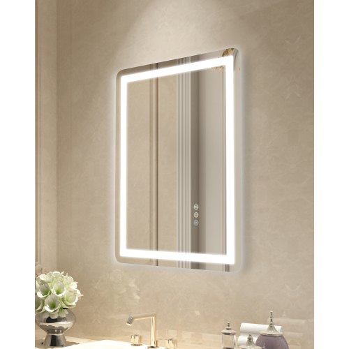 LED Bathroom Mirror, 50 x 70 cm LED Bathroom Vanity Mirror with Frontlit and Backlit, Anti-Fog Memory Mirror with Lights, Stepless 3 Colors Temperature Dimmable Bathroom Mirror, Wall Mounted