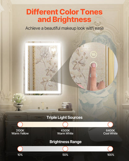 LED Bathroom Mirror, 50 x 70 cm LED Bathroom Vanity Mirror with Frontlit and Backlit, Anti-Fog Memory Mirror with Lights, Stepless 3 Colors Temperature Dimmable Bathroom Mirror, Wall Mounted