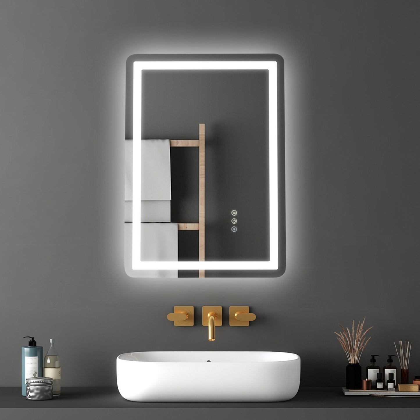 LED Bathroom Mirror, 50 x 70 cm LED Bathroom Vanity Mirror with Frontlit and Backlit, Anti-Fog Memory Mirror with Lights, Stepless 3 Colors Temperature Dimmable Bathroom Mirror, Wall Mounted
