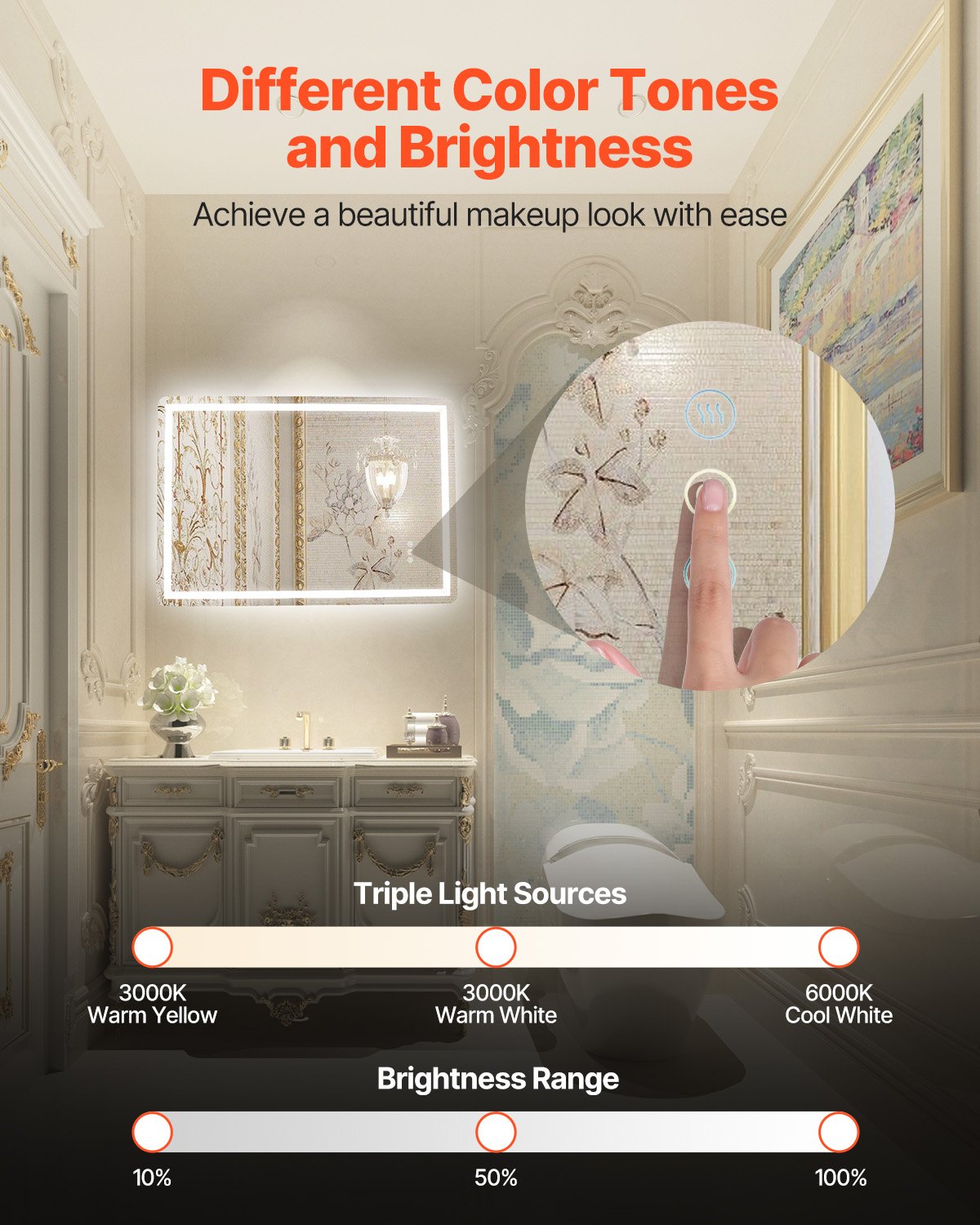 LED Bathroom Mirror, 70 x 100 cm LED Bathroom Vanity Mirror with Frontlit and Backlit, Anti-Fog Memory Mirror with Lights, Stepless 3 Colors Temperature Dimmable Bathroom Mirror, Wall Mounted