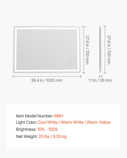 LED Bathroom Mirror, 70 x 100 cm LED Bathroom Vanity Mirror with Frontlit and Backlit, Anti-Fog Memory Mirror with Lights, Stepless 3 Colors Temperature Dimmable Bathroom Mirror, Wall Mounted