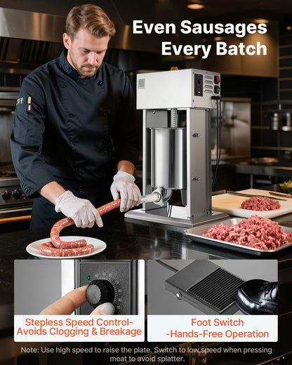 Electric Sausage Stuffer, 22 LBS / 10 L Vertical Meat Stuffer, Stepless Speed Control and Foot Pedal, Stainless Steel Heavy Duty Sausage Filler with 4 Stuffing Tubes, for Commercial & Home Use