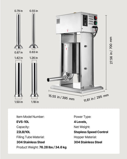 Electric Sausage Stuffer, 22 LBS / 10 L Vertical Meat Stuffer, Stepless Speed Control and Foot Pedal, Stainless Steel Heavy Duty Sausage Filler with 4 Stuffing Tubes, for Commercial & Home Use