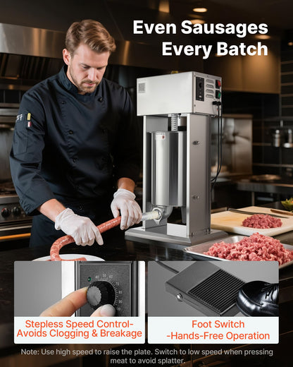 Electric Sausage Stuffer, 25 LBS / 12 L Vertical Meat Stuffer, Stepless Speed Control and Foot Pedal, Stainless Steel Heavy Duty Sausage Filler with 4 Stuffing Tubes, for Commercial & Home Use
