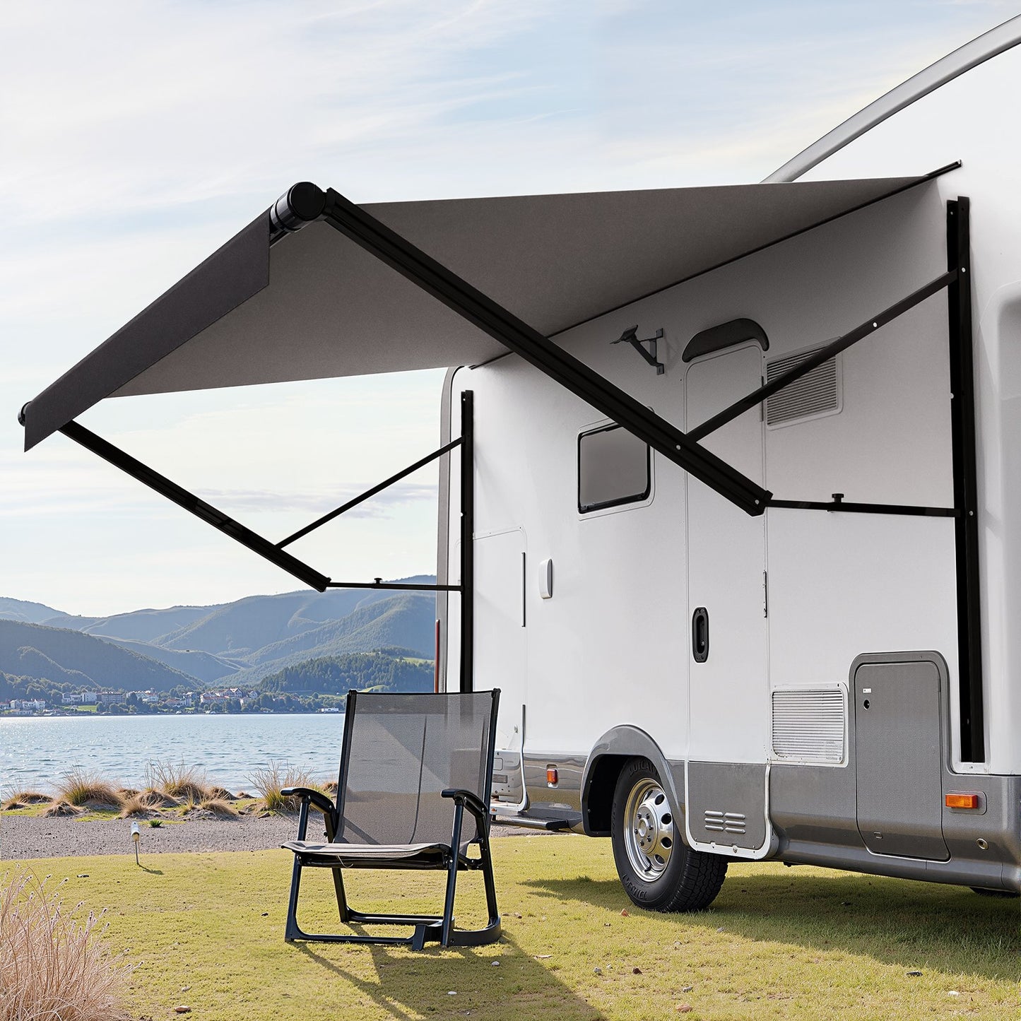Motorized RV Awning Complete Kit, 14' Retractable Awning with Aluminum Alloy Frame, Outdoor Trailer Awning, Fit for Most RVs(Black Fade)