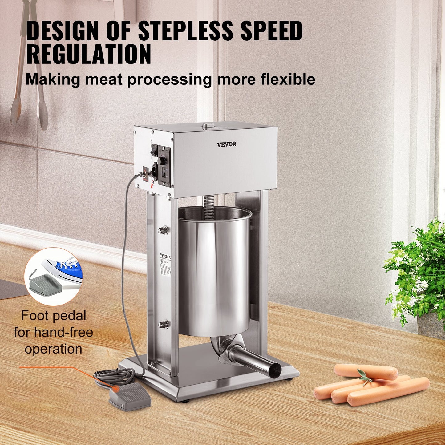 Electric Stuffer, 15L Large Capacity, 260W Vertical Sausage Stuffer with Speed Stepless, 304 Stainless Steel Sausage Machine with 4 Stuffing Tubes, Foot Pedal for Household or Commercial Use
