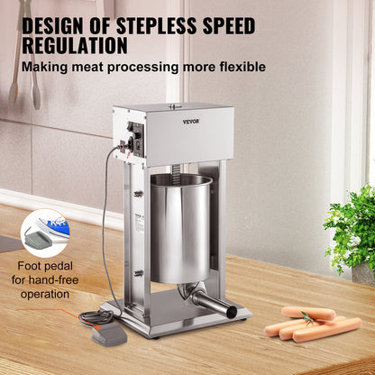 Electric Stuffer, 15L Large Capacity, 260W Vertical Sausage Stuffer with Speed Stepless, 304 Stainless Steel Sausage Machine with 4 Stuffing Tubes, Foot Pedal for Household or Commercial Use