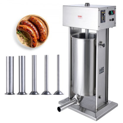 Elektrischer Wurstfüller, 25 l / 55 lbs (ca. 25 kg), vertikaler Fleischfüller, 400-W-Motor, stufenlose Geschwindigkeitsregelung und Fußpedal, aus lebensmittelechtem Edelstahl 304, 5 Füllrohre für den privaten und gewerblichen Gebrauch