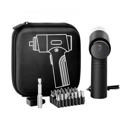 Elektrischer Schraubendreher, 7 Drehmomenteinstellungen (0,5–5 Nm), 2500-mAh-Akku, Akku-Schraubendreher-Set mit 32 1/4-Zoll-Bits, Digitalanzeige, LED-Licht, USB-C-Ladeanschluss, für elektrische Reparaturen an Möbeln