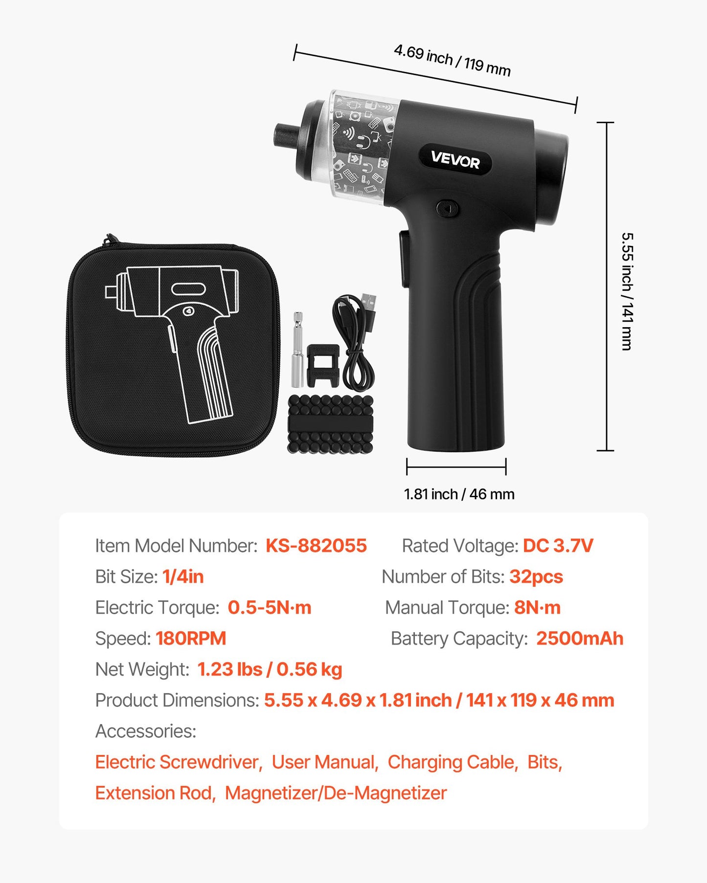 Elektrischer Schraubendreher, 7 Drehmomenteinstellungen (0,5–5 Nm), 2500-mAh-Akku, Akku-Schraubendreher-Set mit 32 1/4-Zoll-Bits, Digitalanzeige, LED-Licht, USB-C-Ladeanschluss, für elektrische Reparaturen an Möbeln