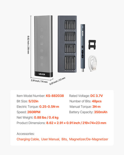 Elektrisches Präzisionsschraubendreher-Set, 48 magnetische Bits, Mini-Elektroschraubendreher mit magnetischer Aufbewahrungsbox, S2-Stahlbits, LED-Licht, USB-C-Ladeanschluss, für die Reparatur von Handys, Laptops und anderen Elektronikgeräten
