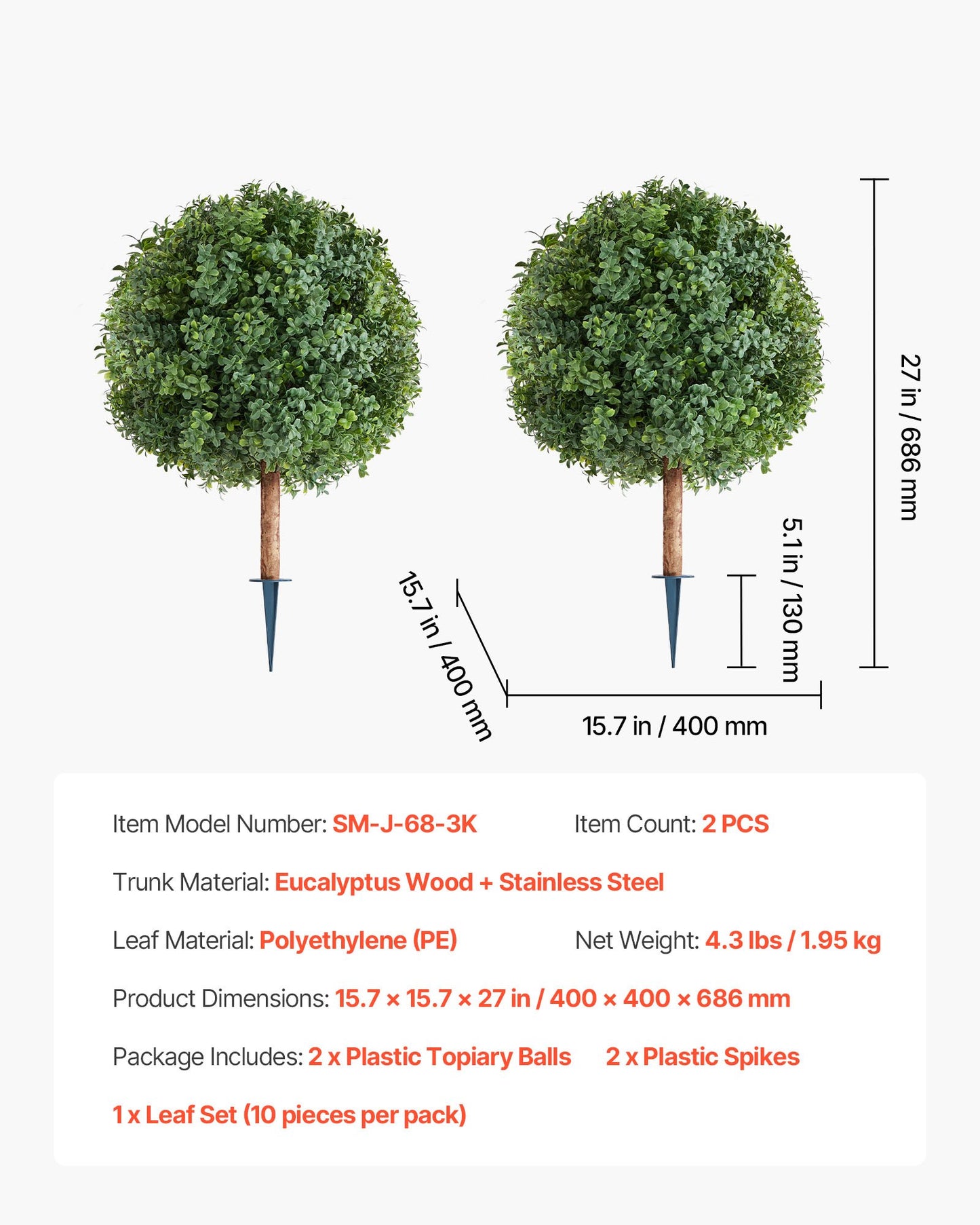 Künstliche Buchsbaum-Topiary-Bäume mit Erdspieß, 2er-Set, 686 mm, künstliche Sträucher und Büsche im Topf, sehen täuschend echt aus, ideal zur Dekoration von Veranda, Terrasse, Garten, Balkon und Hinterhof.