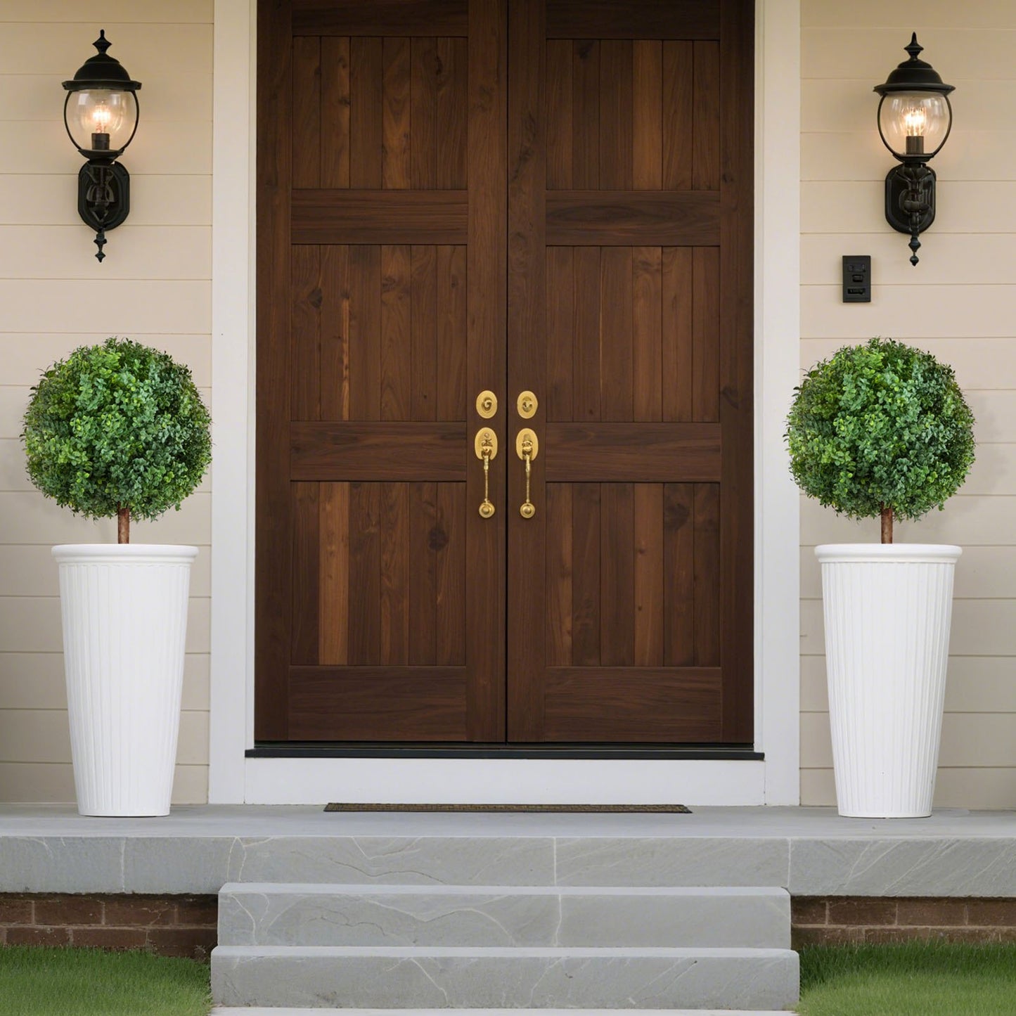 Künstliche Buchsbaum-Topiary-Bäume mit Erdspieß, 2er-Set, 686 mm, künstliche Sträucher und Büsche im Topf, sehen täuschend echt aus, ideal zur Dekoration von Veranda, Terrasse, Garten, Balkon und Hinterhof.