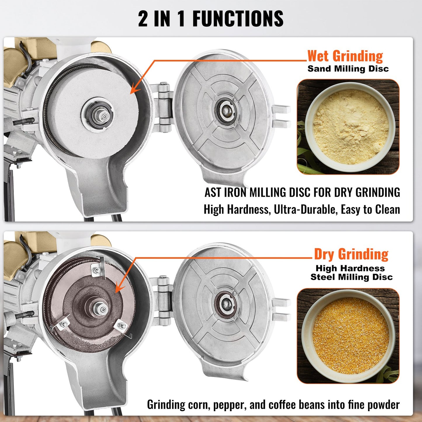 Elektrische Getreidemühle, 3000-W-Gewürzmühle, Gewerbe-Maismühle mit Trichter, Pulvermaschine mit einstellbarer Mahlstärke, Hochleistungs-Futtermühle für Mehl und Getreide, Trocken- und Nassmühle