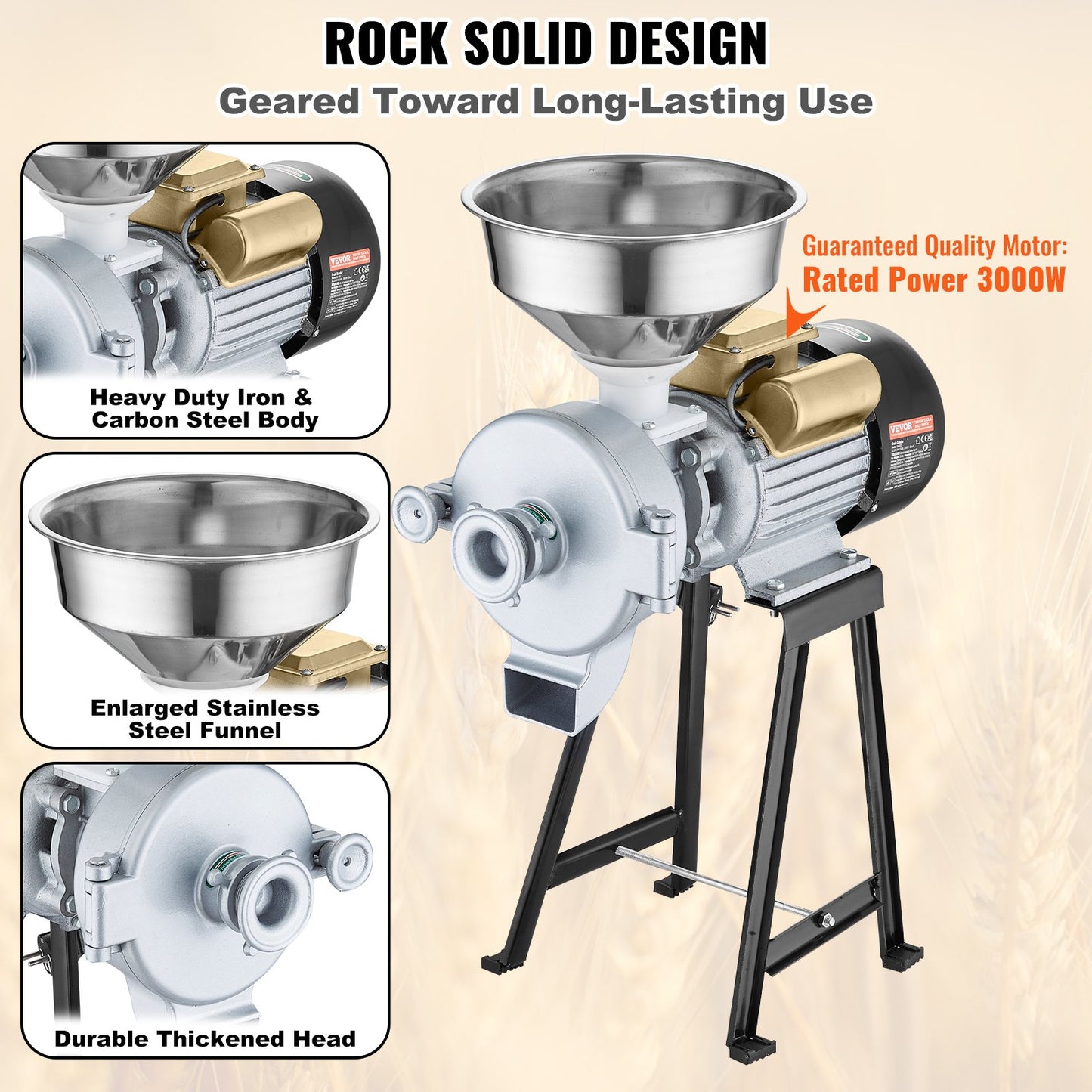 Elektrische Getreidemühle, 3000-W-Gewürzmühle, Gewerbe-Maismühle mit Trichter, Pulvermaschine mit einstellbarer Mahlstärke, Hochleistungs-Futtermühle für Mehl und Getreide, Trocken- und Nassmühle