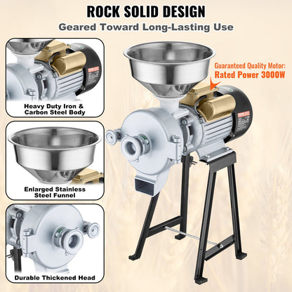 Elektrische Getreidemühle, 3000-W-Gewürzmühle, Gewerbe-Maismühle mit Trichter, Pulvermaschine mit einstellbarer Mahlstärke, Hochleistungs-Futtermühle für Mehl und Getreide, Trocken- und Nassmühle