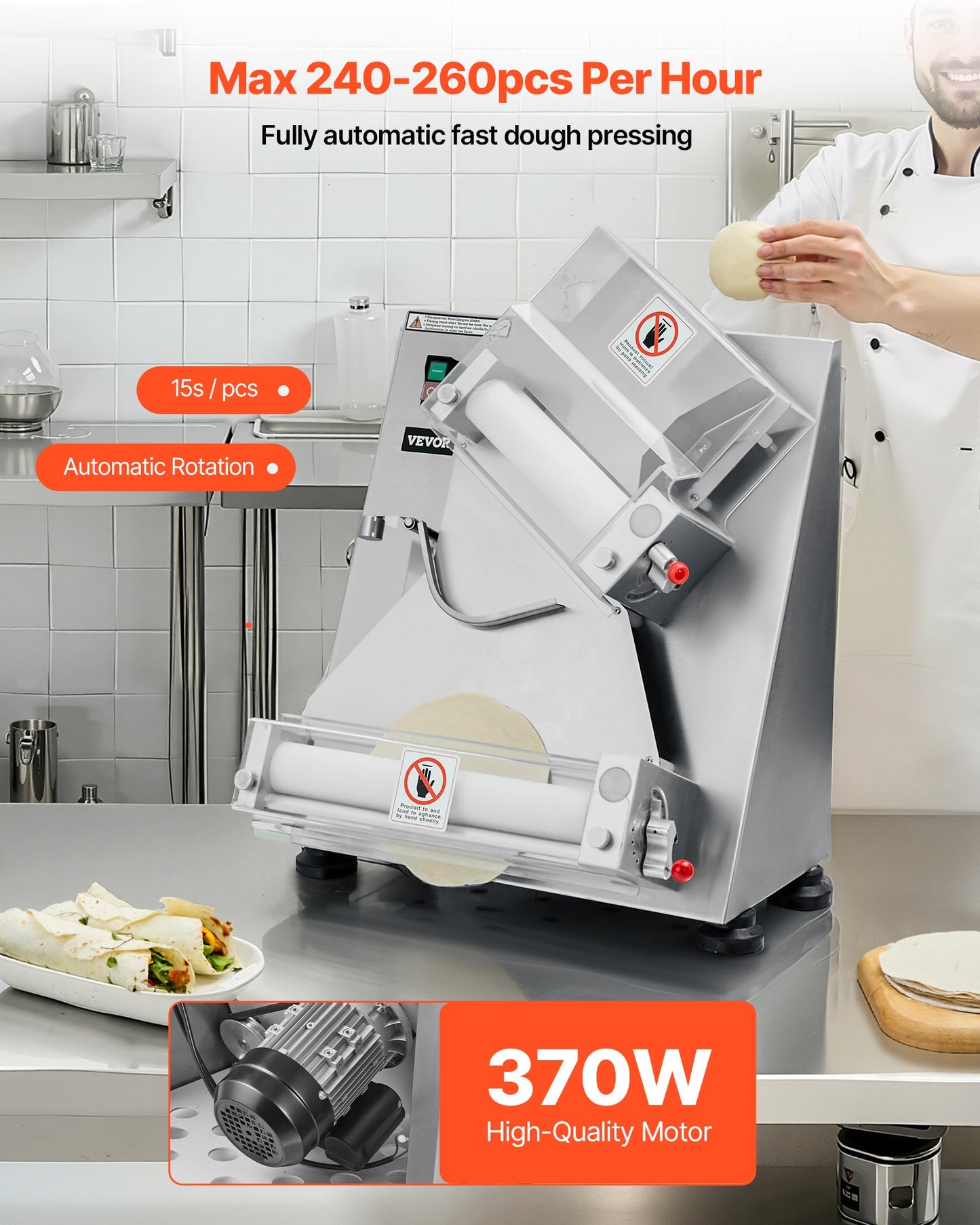 Pizzateig-Ausrollmaschine, 3-14 Zoll automatische Pizzapresse aus Edelstahl, gewerbliche elektrische 370-W-Nudelmaschine, 260 Stück pro Stunde, einstellbare Dicke, mit Teigpressdeckel