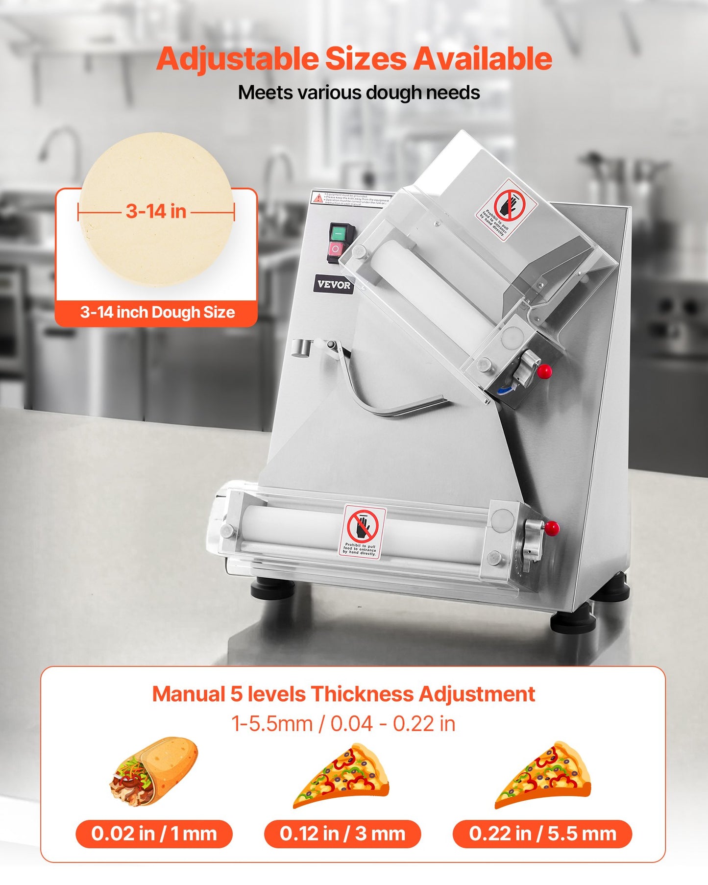 Pizzateig-Ausrollmaschine, 3-14 Zoll automatische Pizzapresse aus Edelstahl, gewerbliche elektrische 370-W-Nudelmaschine, 260 Stück pro Stunde, einstellbare Dicke, mit Teigpressdeckel