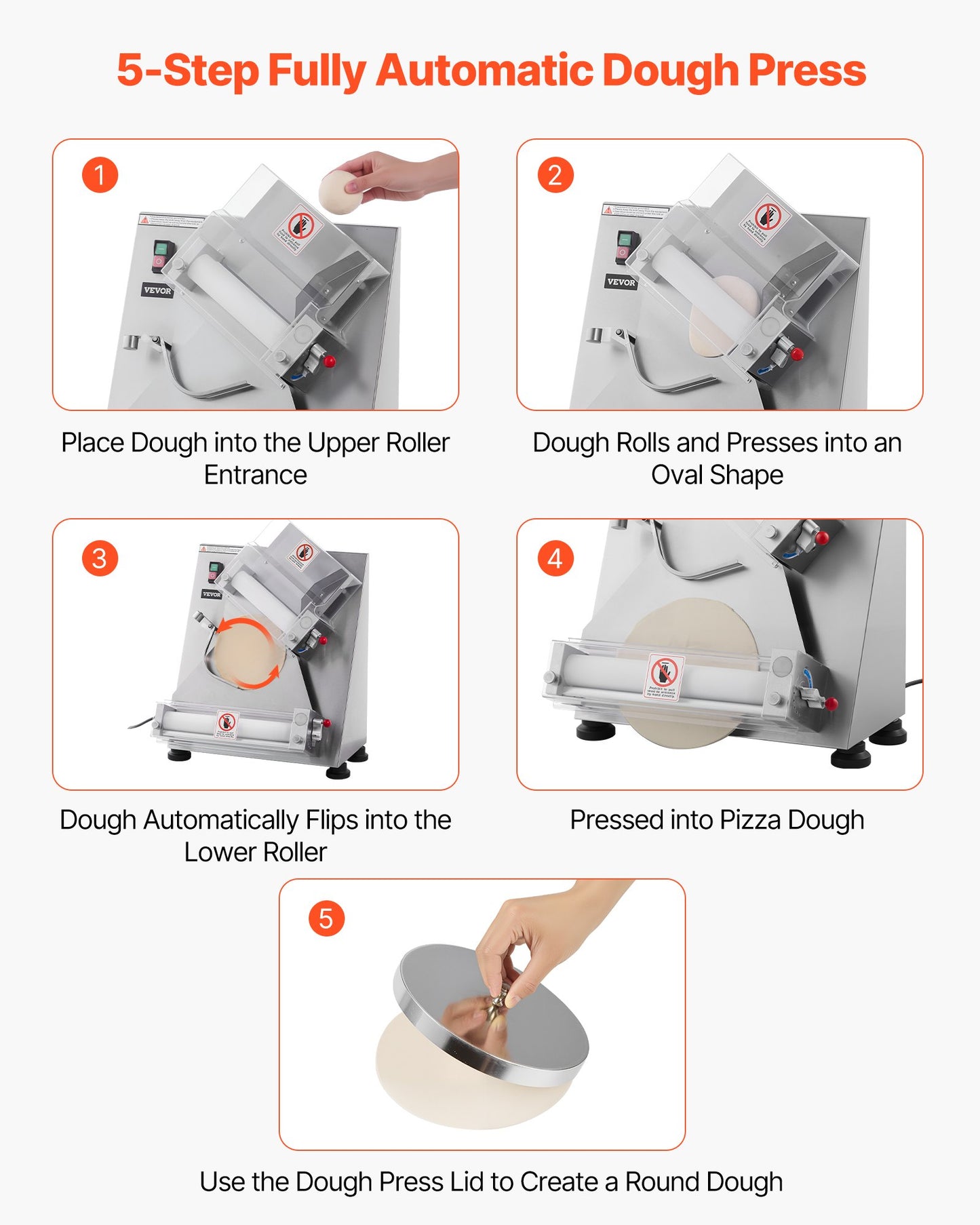 Pizzateig-Ausrollmaschine, 3-14 Zoll automatische Pizzapresse aus Edelstahl, gewerbliche elektrische 370-W-Nudelmaschine, 260 Stück pro Stunde, einstellbare Dicke, mit Teigpressdeckel