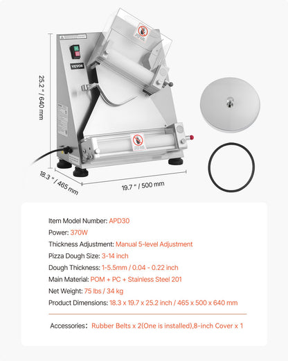 Pizzateig-Ausrollmaschine, 3-14 Zoll automatische Pizzapresse aus Edelstahl, gewerbliche elektrische 370-W-Nudelmaschine, 260 Stück pro Stunde, einstellbare Dicke, mit Teigpressdeckel