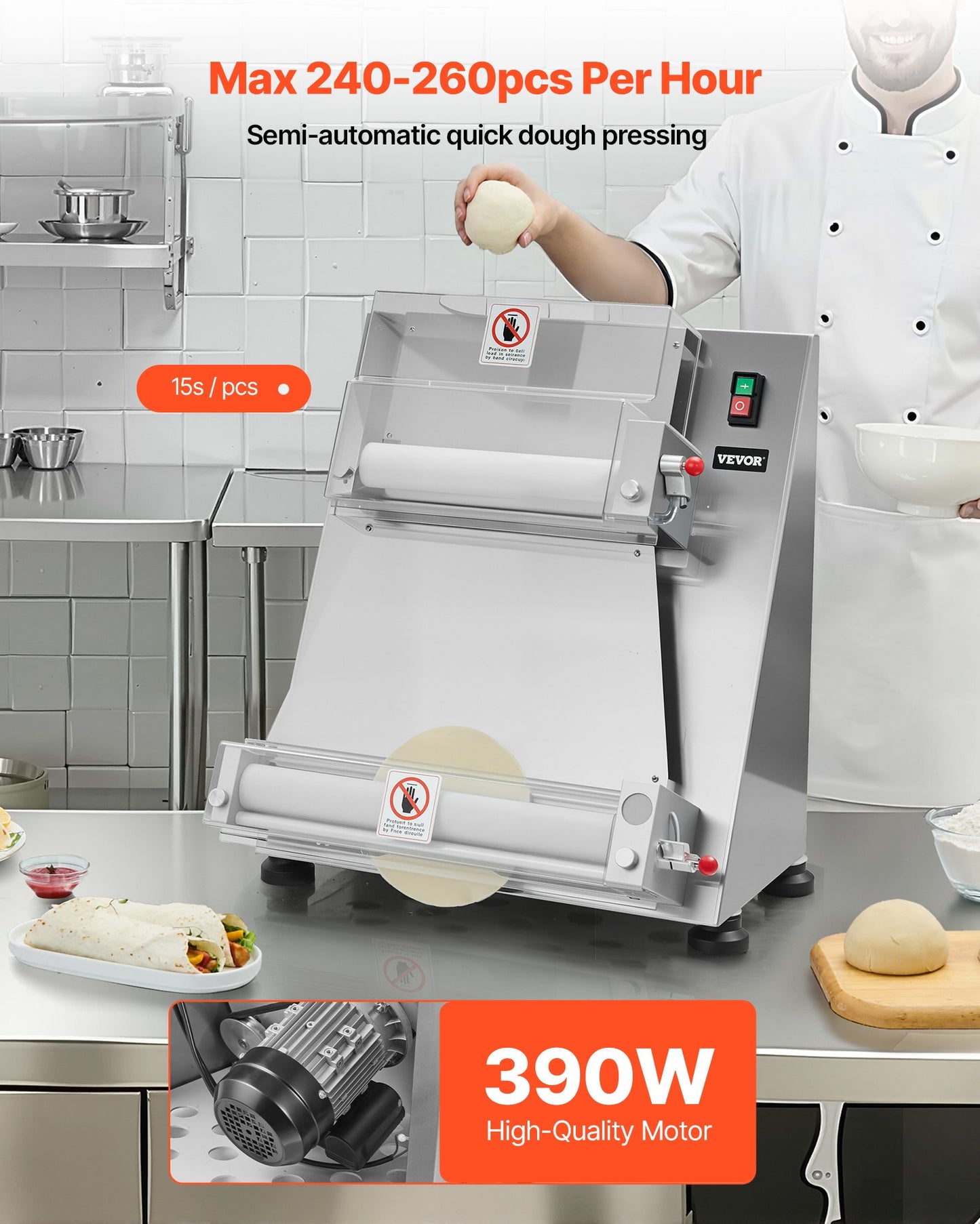 Pizzateig-Ausrollmaschine, 7,6–40,6 cm (3–16 Zoll) halbautomatische Pizzapresse aus Edelstahl, gewerbliche elektrische 390-W-Nudelmaschine, 260 Stück pro Stunde, einstellbare Teigdicke, mit Teigpressdeckel