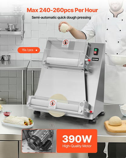 Pizzateig-Ausrollmaschine, 7,6–40,6 cm (3–16 Zoll) halbautomatische Pizzapresse aus Edelstahl, gewerbliche elektrische 390-W-Nudelmaschine, 260 Stück pro Stunde, einstellbare Teigdicke, mit Teigpressdeckel