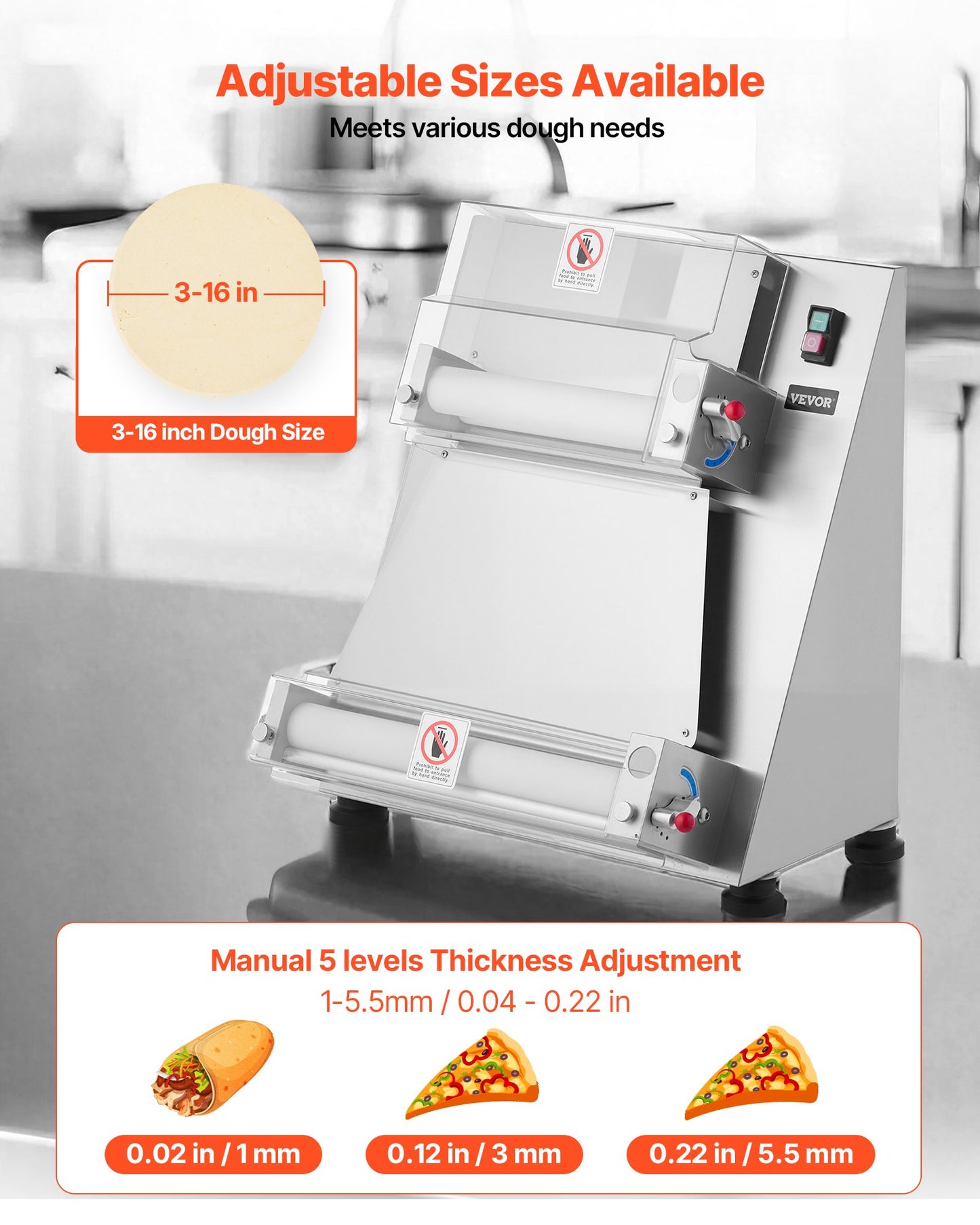 Pizzateig-Ausrollmaschine, 7,6–40,6 cm (3–16 Zoll) halbautomatische Pizzapresse aus Edelstahl, gewerbliche elektrische 390-W-Nudelmaschine, 260 Stück pro Stunde, einstellbare Teigdicke, mit Teigpressdeckel