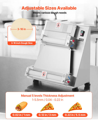 Pizzateig-Ausrollmaschine, 7,6–40,6 cm (3–16 Zoll) halbautomatische Pizzapresse aus Edelstahl, gewerbliche elektrische 390-W-Nudelmaschine, 260 Stück pro Stunde, einstellbare Teigdicke, mit Teigpressdeckel