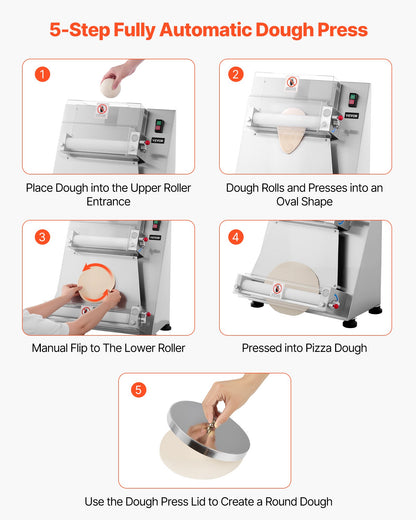 Pizzateig-Ausrollmaschine, 7,6–40,6 cm (3–16 Zoll) halbautomatische Pizzapresse aus Edelstahl, gewerbliche elektrische 390-W-Nudelmaschine, 260 Stück pro Stunde, einstellbare Teigdicke, mit Teigpressdeckel