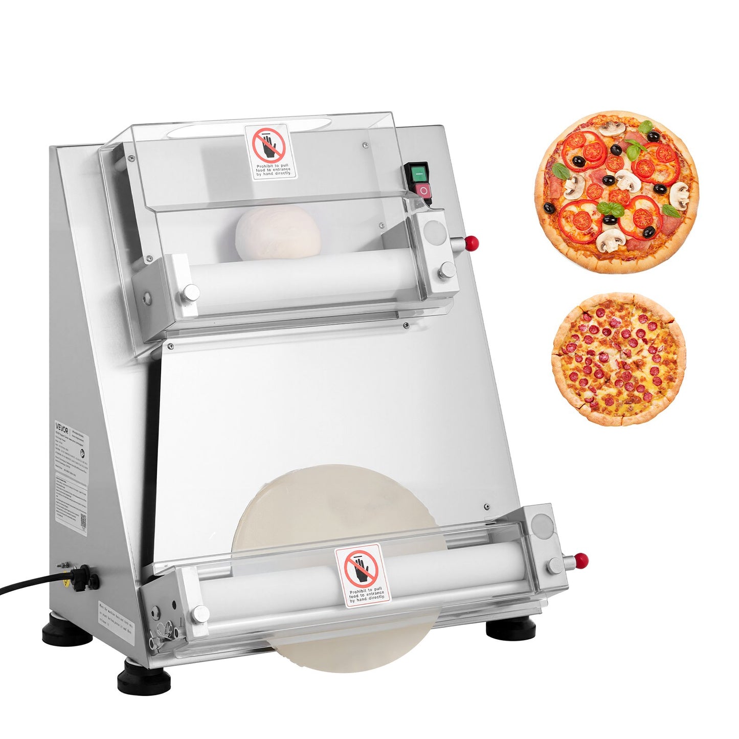 Pizzateig-Ausrollmaschine, 7,6–40,6 cm (3–16 Zoll) halbautomatische Pizzapresse aus Edelstahl, gewerbliche elektrische 390-W-Nudelmaschine, 260 Stück pro Stunde, einstellbare Teigdicke, mit Teigpressdeckel
